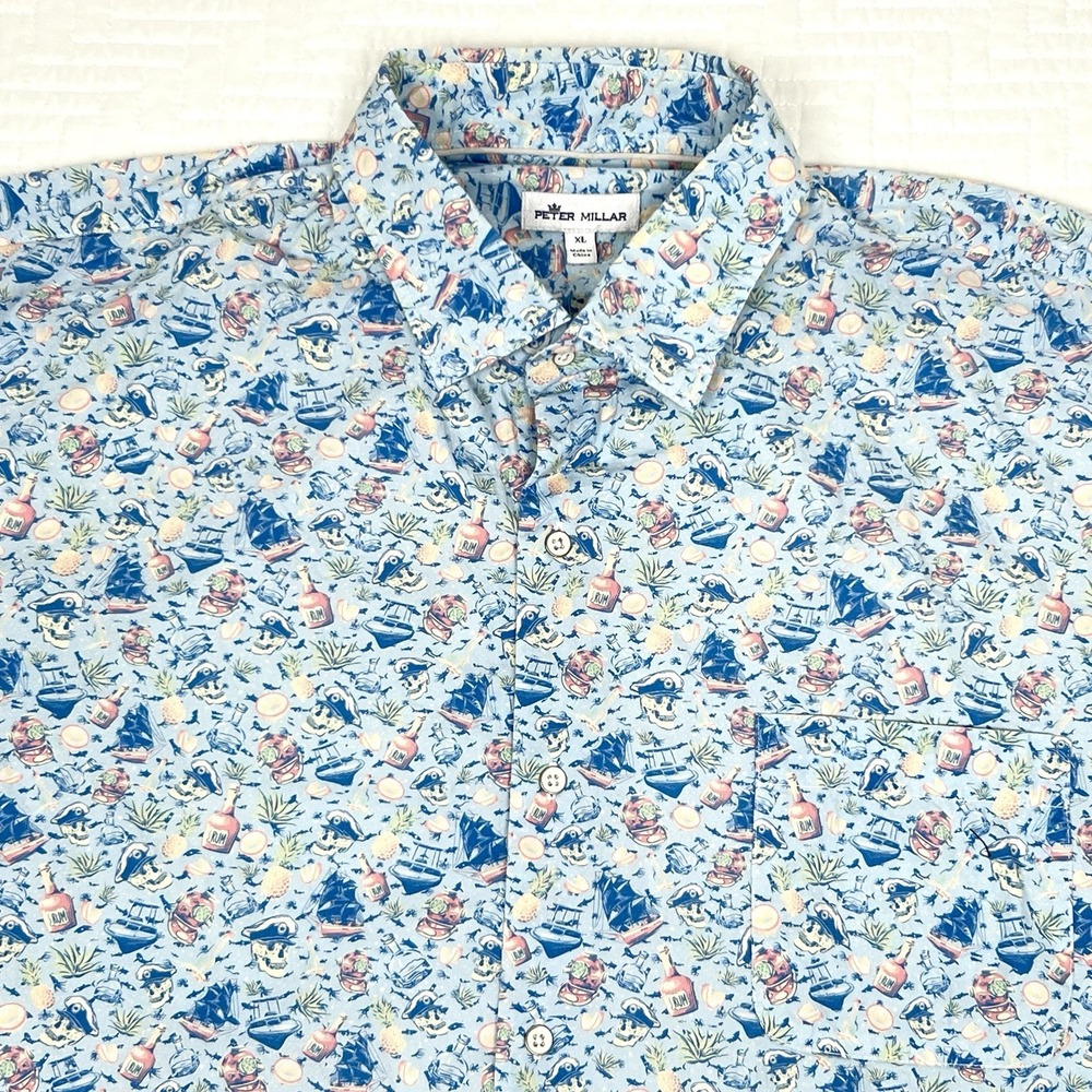 Peter Millar Crown Pirate Skull Rum Mens XL Short Sleeve Button Up Shirt